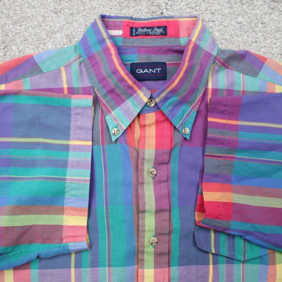 GANT Foxhunt Plaid Shirt Mens Large Pink/Blue/Yellow Cotton/Poly Short Sleeve - Picture 1 of 13